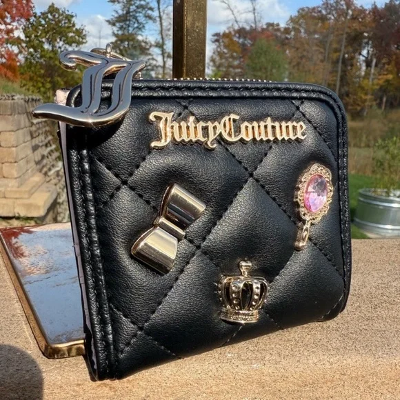Juicy Couture Black Quilted Wallet with Gold Charms Faux Leather Exclusive - Picture 2 of 7